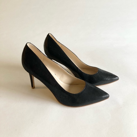 Marc Fisher Black Lizard Print Fabric Point Toe Heels size 9.5 - Picture 2 of 14